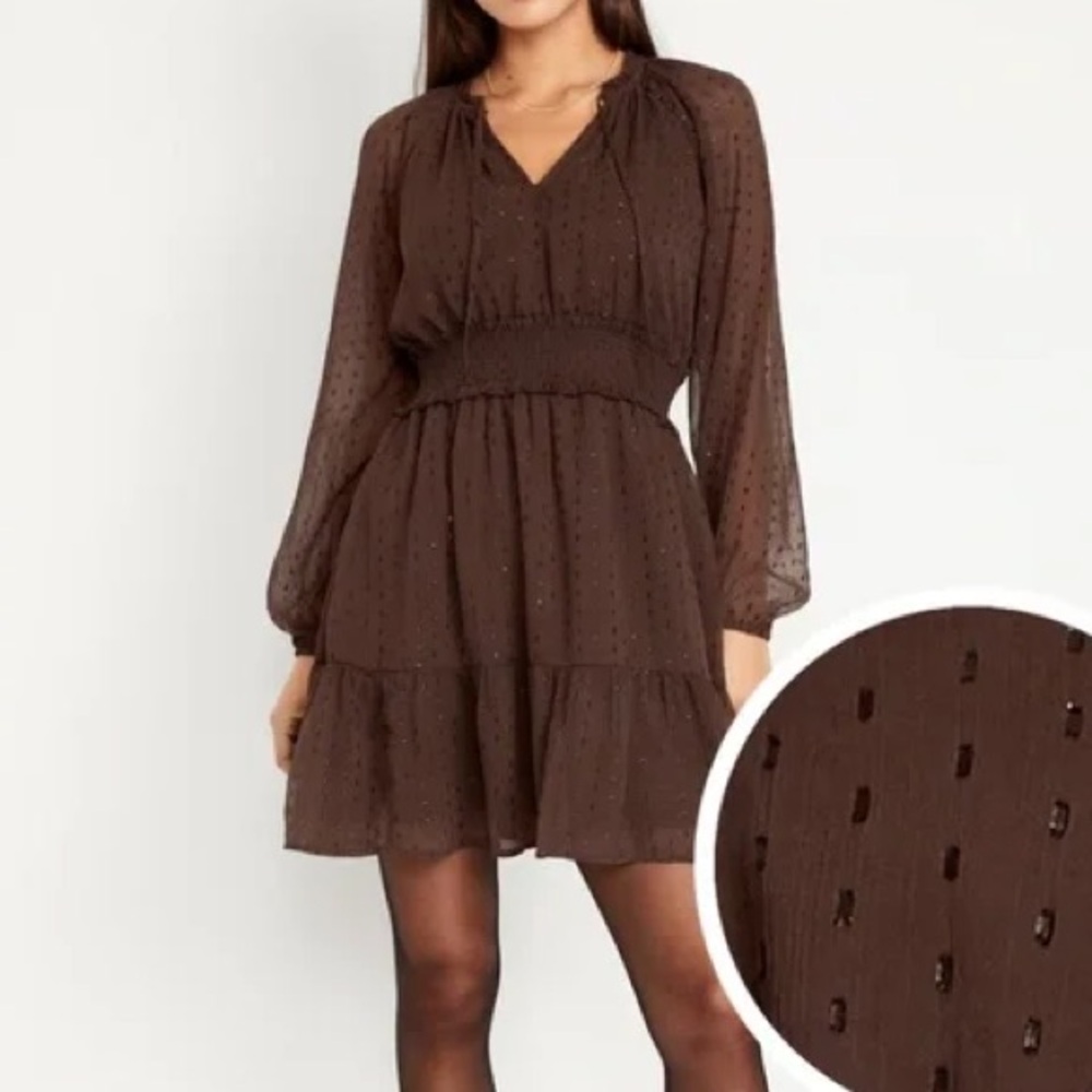 OLD NAVY - Waist-Defined Mini Dress Brown Sparkle Crinkle Fabric - Size Medium